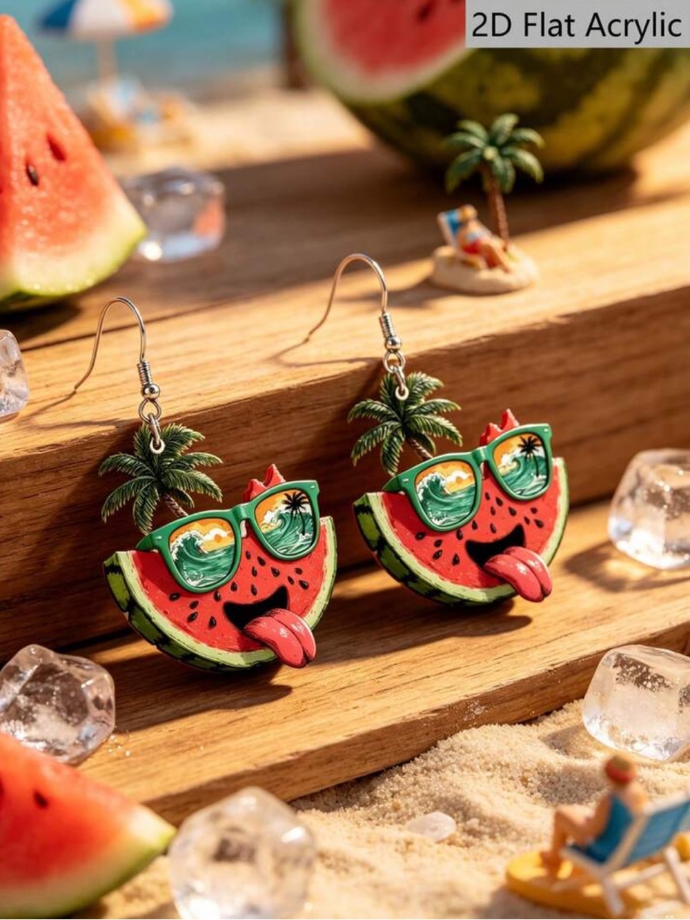 Flat acrylic‎ Watermelon in Sunglasses  Dangle Earrings
